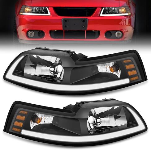 ELH LED DRL مجموعة مصابيح أمامية تناسب 1999-2004 فورد موستانج 1999 2000 2001 2002 2003 2004 99 00 01 02 03 04 فورد موستانج المصباح الأسود الإسكان العنبر عاكس DRL in Kuwait