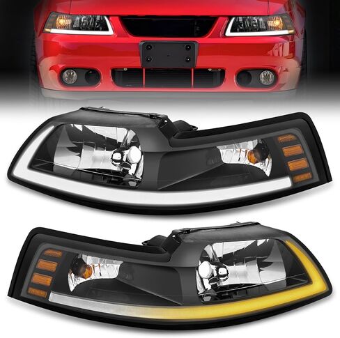 ELH LED DRL مجموعة مصابيح أمامية تناسب 1999-2004 فورد موستانج 1999 2000 2001 2002 2003 2004 99 00 01 02 03 04 فورد موستانج المصباح الأسود الإسكان العنبر عاكس DRL in Kuwait