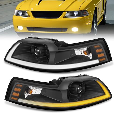 ELH LED DRL مجموعة مصابيح أمامية تناسب 1999-2004 فورد موستانج 1999 2000 2001 2002 2003 2004 99 00 01 02 03 04 فورد موستانج المصباح الأسود الإسكان العنبر عاكس DRL in Kuwait