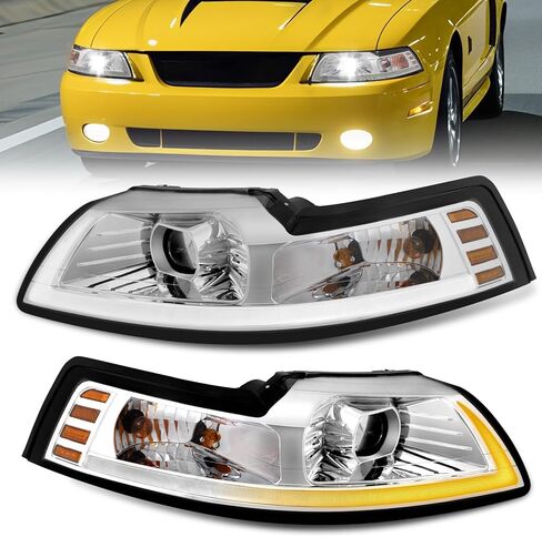 ELH LED DRL مجموعة مصابيح أمامية تناسب 1999-2004 فورد موستانج 1999 2000 2001 2002 2003 2004 99 00 01 02 03 04 فورد موستانج المصباح الأسود الإسكان العنبر عاكس DRL in Kuwait