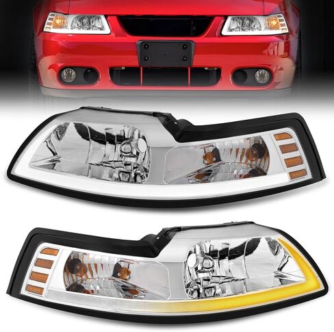 ELH LED DRL مجموعة مصابيح أمامية تناسب 1999-2004 فورد موستانج 1999 2000 2001 2002 2003 2004 99 00 01 02 03 04 فورد موستانج المصباح الأسود الإسكان العنبر عاكس DRL in Kuwait