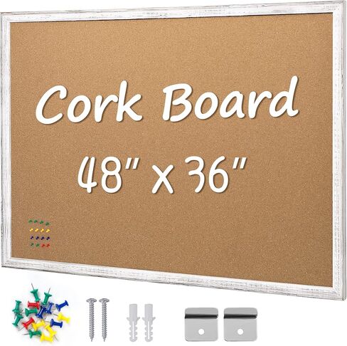 لوحة إعلانات Board2by Cork Board مقاس 36 × 48، لوحة فلين بإطار خشبي أبيض مقاس 4x3، لوحة مكتب لفلين الحائط، لوحة دبوس إشعار كبيرة مثبتة على الحائط مع 16 دبابيس دفع للمدرسة والمنزل والمكتب in Kuwait