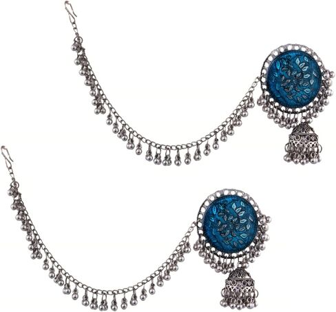 Traditional Bollywood Party- Wear Bahubali Fashion Handmade Oxidized Silver Plated Indian Dangle Chain Jhumki Jhumka Festival Earrings Blue in Kuwait