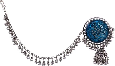 Traditional Bollywood Party- Wear Bahubali Fashion Handmade Oxidized Silver Plated Indian Dangle Chain Jhumki Jhumka Festival Earrings Blue in Kuwait