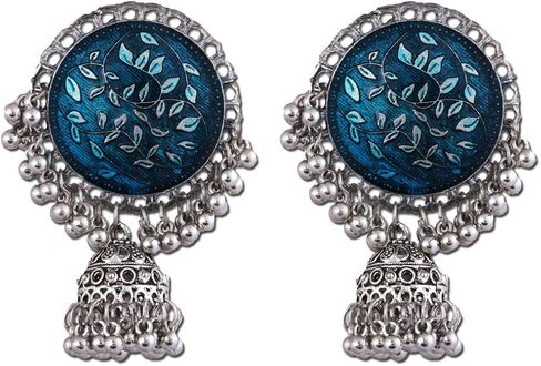 Traditional Bollywood Party- Wear Bahubali Fashion Handmade Oxidized Silver Plated Indian Dangle Chain Jhumki Jhumka Festival Earrings Blue in Kuwait