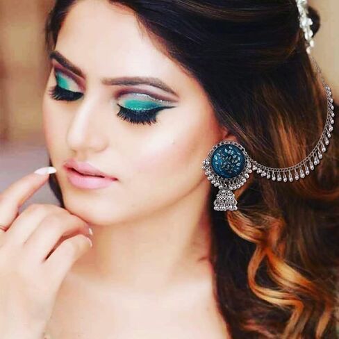 Traditional Bollywood Party- Wear Bahubali Fashion Handmade Oxidized Silver Plated Indian Dangle Chain Jhumki Jhumka Festival Earrings Blue in Kuwait