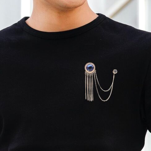 Uonlytech Men’s Brooch Pin Vintage Decorative Lapel Pin Gold Chain and Blue Gemstone Tassel for Business Suit Collar Accessories in Saudi Arabia