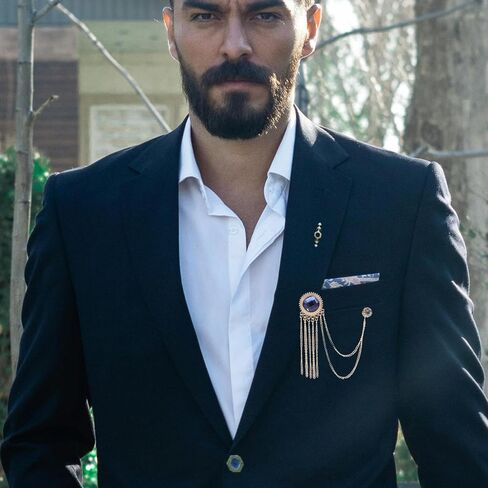 Uonlytech Men’s Brooch Pin Vintage Decorative Lapel Pin Gold Chain and Blue Gemstone Tassel for Business Suit Collar Accessories in Saudi Arabia