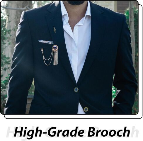 Uonlytech Men’s Brooch Pin Vintage Decorative Lapel Pin Gold Chain and Blue Gemstone Tassel for Business Suit Collar Accessories in Saudi Arabia