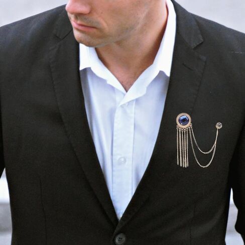 Uonlytech Men’s Brooch Pin Vintage Decorative Lapel Pin Gold Chain and Blue Gemstone Tassel for Business Suit Collar Accessories in Saudi Arabia