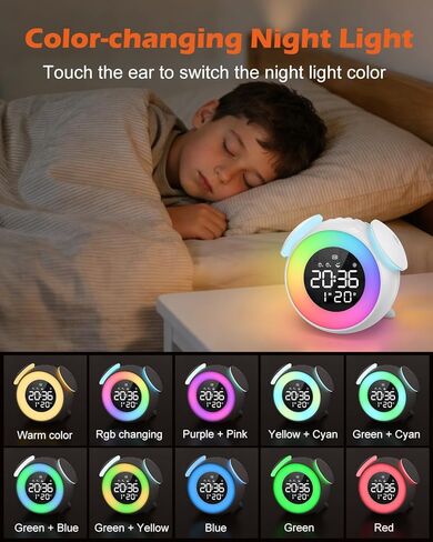 ساعة منبه للأطفال، ساعة منبه موافق للاستيقاظ، ساعة تدريب على نوم الأطفال الصغار مع إضاءة ليلية متعددة الألوان، 7 نغمات رنين، 3 مستويات صوتية، منبه مزدوج، قيلولة بعد الظهر للأطفال والبنات والأولاد والكبار in Kuwait