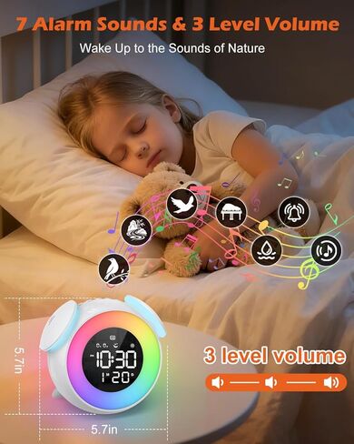 ساعة منبه للأطفال، ساعة منبه موافق للاستيقاظ، ساعة تدريب على نوم الأطفال الصغار مع إضاءة ليلية متعددة الألوان، 7 نغمات رنين، 3 مستويات صوتية، منبه مزدوج، قيلولة بعد الظهر للأطفال والبنات والأولاد والكبار in Kuwait