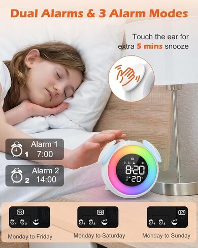 ساعة منبه للأطفال، ساعة منبه موافق للاستيقاظ، ساعة تدريب على نوم الأطفال الصغار مع إضاءة ليلية متعددة الألوان، 7 نغمات رنين، 3 مستويات صوتية، منبه مزدوج، قيلولة بعد الظهر للأطفال والبنات والأولاد والكبار in Kuwait