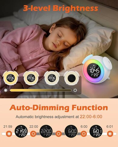 ساعة منبه للأطفال، ساعة منبه موافق للاستيقاظ، ساعة تدريب على نوم الأطفال الصغار مع إضاءة ليلية متعددة الألوان، 7 نغمات رنين، 3 مستويات صوتية، منبه مزدوج، قيلولة بعد الظهر للأطفال والبنات والأولاد والكبار in Kuwait