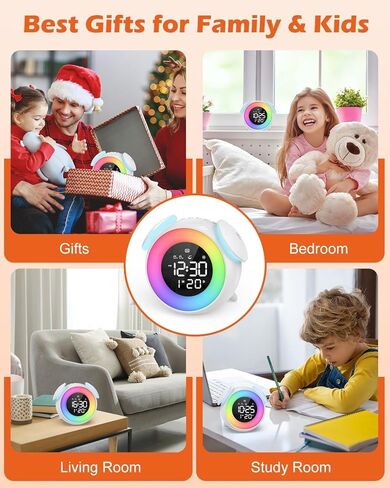 ساعة منبه للأطفال، ساعة منبه موافق للاستيقاظ، ساعة تدريب على نوم الأطفال الصغار مع إضاءة ليلية متعددة الألوان، 7 نغمات رنين، 3 مستويات صوتية، منبه مزدوج، قيلولة بعد الظهر للأطفال والبنات والأولاد والكبار in Kuwait