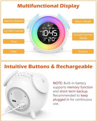 ساعة منبه للأطفال، ساعة منبه موافق للاستيقاظ، ساعة تدريب على نوم الأطفال الصغار مع إضاءة ليلية متعددة الألوان، 7 نغمات رنين، 3 مستويات صوتية، منبه مزدوج، قيلولة بعد الظهر للأطفال والبنات والأولاد والكبار in Kuwait