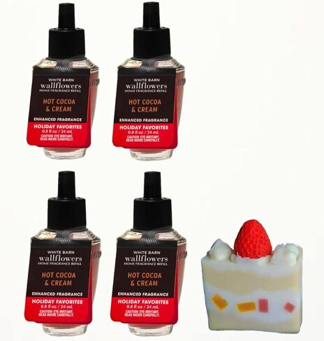 باث آند بودي وركس - عبوة من 4 عبوات من عبوات العطور المنزلية وصابون كعكة الفراولة الطبيعي (الكاكاو الساخن والكريم) in Kuwait