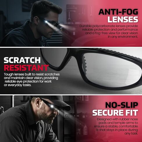 LED Inspector Safety Glasses | Protective Eyewear | Black Frame, Polycarbonate Clear Frames | Low to High Impact | Built-In LED Lights | 99.9% UV Protection | Woodworking, Construction, Mechanic in Kuwait
