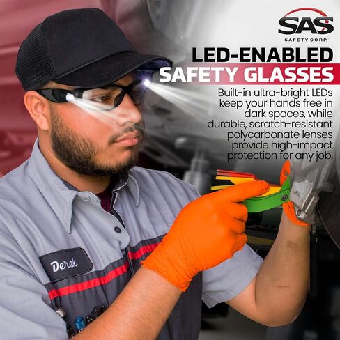 LED Inspector Safety Glasses | Protective Eyewear | Black Frame, Polycarbonate Clear Frames | Low to High Impact | Built-In LED Lights | 99.9% UV Protection | Woodworking, Construction, Mechanic in Kuwait