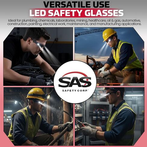 LED Inspector Safety Glasses | Protective Eyewear | Black Frame, Polycarbonate Clear Frames | Low to High Impact | Built-In LED Lights | 99.9% UV Protection | Woodworking, Construction, Mechanic in Kuwait