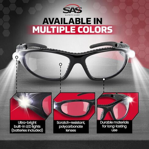 LED Inspector Safety Glasses | Protective Eyewear | Black Frame, Polycarbonate Clear Frames | Low to High Impact | Built-In LED Lights | 99.9% UV Protection | Woodworking, Construction, Mechanic in Kuwait