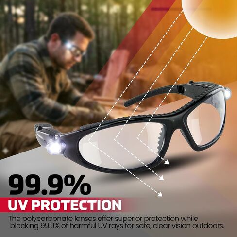 LED Inspector Safety Glasses | Protective Eyewear | Black Frame, Polycarbonate Clear Frames | Low to High Impact | Built-In LED Lights | 99.9% UV Protection | Woodworking, Construction, Mechanic in Kuwait