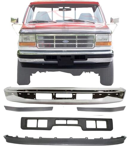 Front Bumper Chrome Steel + Lower Panel Valance + Molding Trims Kit For 1992-1997 Ford Bronco F-150 F-250 F-350 Direct Replacement in Saudi Arabia