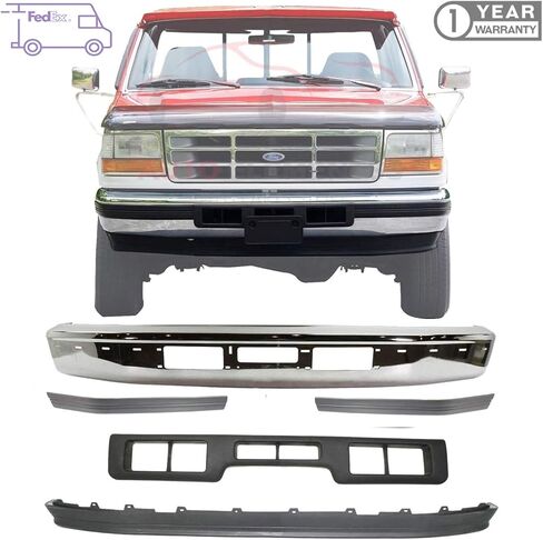Front Bumper Chrome Steel + Lower Panel Valance + Molding Trims Kit For 1992-1997 Ford Bronco F-150 F-250 F-350 Direct Replacement in Saudi Arabia