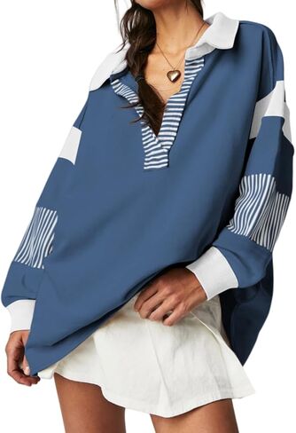 Womens Oversized Striped Sweatshirts V Neck Loose Fit Tunic Colorblock Polo Shirts Patchwork Pullover Tops in Kuwait