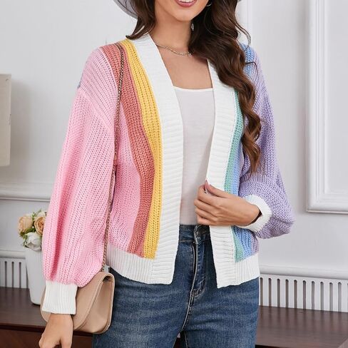 Women's Color Block Short Cardigan Without Button Trendy Open Front Cropped Long Sleeve Sweaters Fall Spring Dopamine Clothes in Saudi Arabia