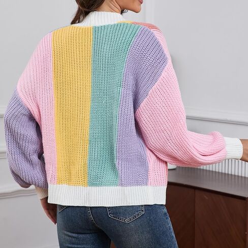 Women's Color Block Short Cardigan Without Button Trendy Open Front Cropped Long Sleeve Sweaters Fall Spring Dopamine Clothes in Saudi Arabia