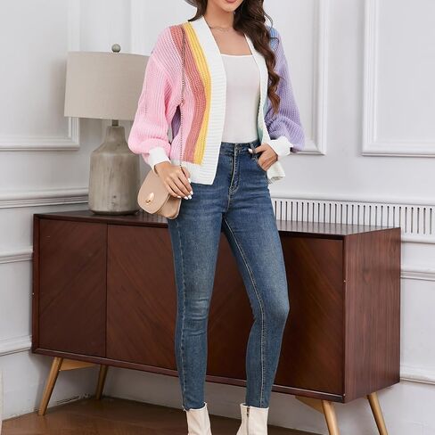 Women's Color Block Short Cardigan Without Button Trendy Open Front Cropped Long Sleeve Sweaters Fall Spring Dopamine Clothes in Saudi Arabia