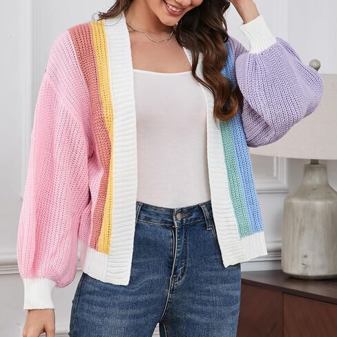 Women's Color Block Short Cardigan Without Button Trendy Open Front Cropped Long Sleeve Sweaters Fall Spring Dopamine Clothes in Saudi Arabia