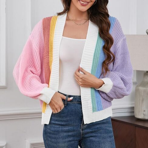 Women's Color Block Short Cardigan Without Button Trendy Open Front Cropped Long Sleeve Sweaters Fall Spring Dopamine Clothes in Saudi Arabia
