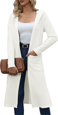 MAKABO Long Lightweight Off White Hooded Cardigans for Womens, Winter V Neck Knit Open Front Sweaters Loungewear with Pockets, M in Kuwait