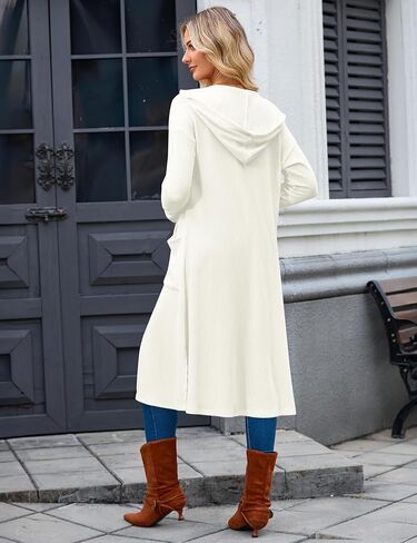 MAKABO Long Lightweight Off White Hooded Cardigans for Womens, Winter V Neck Knit Open Front Sweaters Loungewear with Pockets, M in Kuwait
