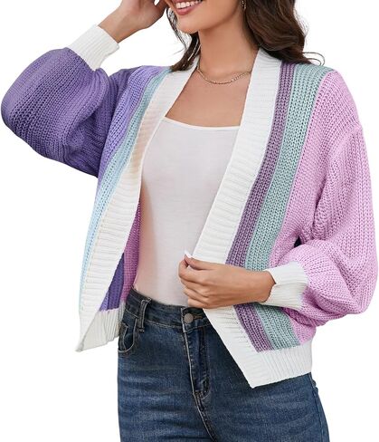 Women's Color Block Short Cardigan Without Button Trendy Open Front Cropped Long Sleeve Sweaters Fall Spring Dopamine Clothes in Saudi Arabia