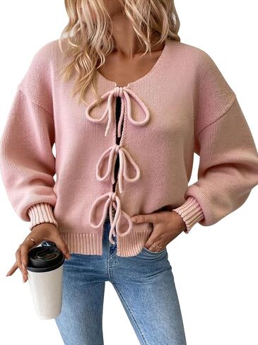 Women's Knit Cardigan Sweater with Tie Front Bows – Casual Loose Fit V Neck Long Sleeve Soft Pink Fall Tops in Saudi Arabia