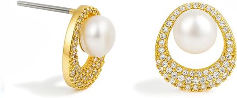 Altitude Boutique Pearl Knocker Earrings in CZ Halo Frame | 8mm Genuine Freshwater Cultured Pearls | 14K Gold-Plated or Rhodium-Plated with CZ Accent | Statement Circle Drop Studs for Women in Saudi Arabia