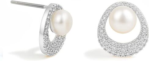 Altitude Boutique Pearl Knocker Earrings in CZ Halo Frame | 8mm Genuine Freshwater Cultured Pearls | 14K Gold-Plated or Rhodium-Plated with CZ Accent | Statement Circle Drop Studs for Women in Saudi Arabia