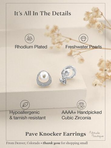 Altitude Boutique Pearl Knocker Earrings in CZ Halo Frame | 8mm Genuine Freshwater Cultured Pearls | 14K Gold-Plated or Rhodium-Plated with CZ Accent | Statement Circle Drop Studs for Women in Saudi Arabia