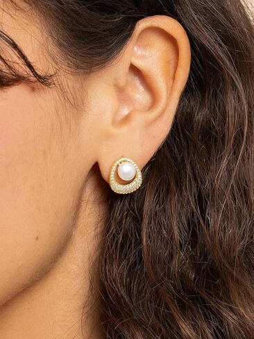 Altitude Boutique Pearl Knocker Earrings in CZ Halo Frame | 8mm Genuine Freshwater Cultured Pearls | 14K Gold-Plated or Rhodium-Plated with CZ Accent | Statement Circle Drop Studs for Women in Saudi Arabia