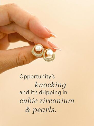 Altitude Boutique Pearl Knocker Earrings in CZ Halo Frame | 8mm Genuine Freshwater Cultured Pearls | 14K Gold-Plated or Rhodium-Plated with CZ Accent | Statement Circle Drop Studs for Women in Saudi Arabia