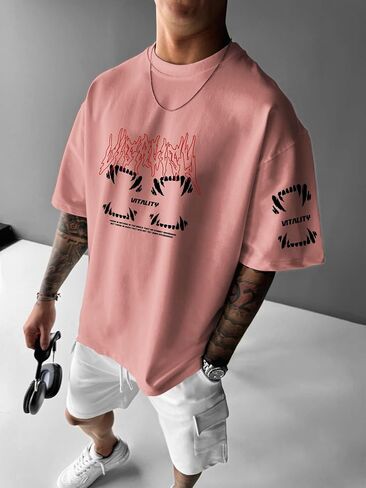 Men's Oversized Crew Neck Short Sleevs T-Shirt with Letter and Teeth Patterns，Streetwear Look for Summer（zt216） in Saudi Arabia