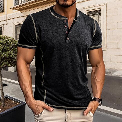 Mens Henley Short Sleeve Shirts Casual Lightweight Summer T-Shirt Button Henley Slim Fit Shirt in Saudi Arabia