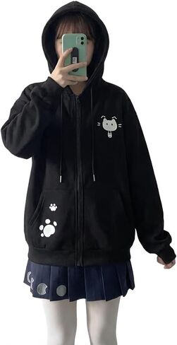 Women's Cute Cat Zip Up Hoodie Kawaii Paw Print Graphic Sweatshirt Novelty Anime Jacket with Pockets in Saudi Arabia