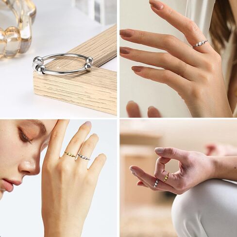 Sllaiss 925 Sterling Silver Fidget Rings for Anxiety for Women Men Beads Stress Relief Spinner Ring 14K White Gold Plated Adjustable Spinning Anti Anxiety Ring in Kuwait