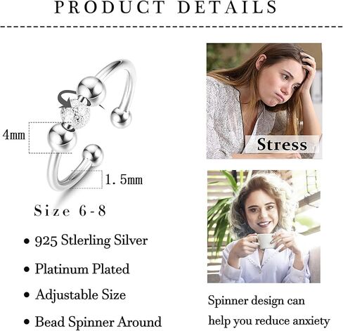 Sllaiss 925 Sterling Silver Fidget Rings for Anxiety for Women Men Beads Stress Relief Spinner Ring 14K White Gold Plated Adjustable Spinning Anti Anxiety Ring in Kuwait