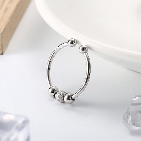 Sllaiss 925 Sterling Silver Fidget Rings for Anxiety for Women Men Beads Stress Relief Spinner Ring 14K White Gold Plated Adjustable Spinning Anti Anxiety Ring in Kuwait