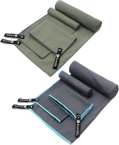 Eunzel 2 Set Quick Dry Camping Towel, Microfiber Travel Towel Super Absorbent Fast Drying Towel for Camping, Beach, Gym, Backpacking & Swimming(Two 3-Piece Towel Sets, Army Green/Grey) in Kuwait